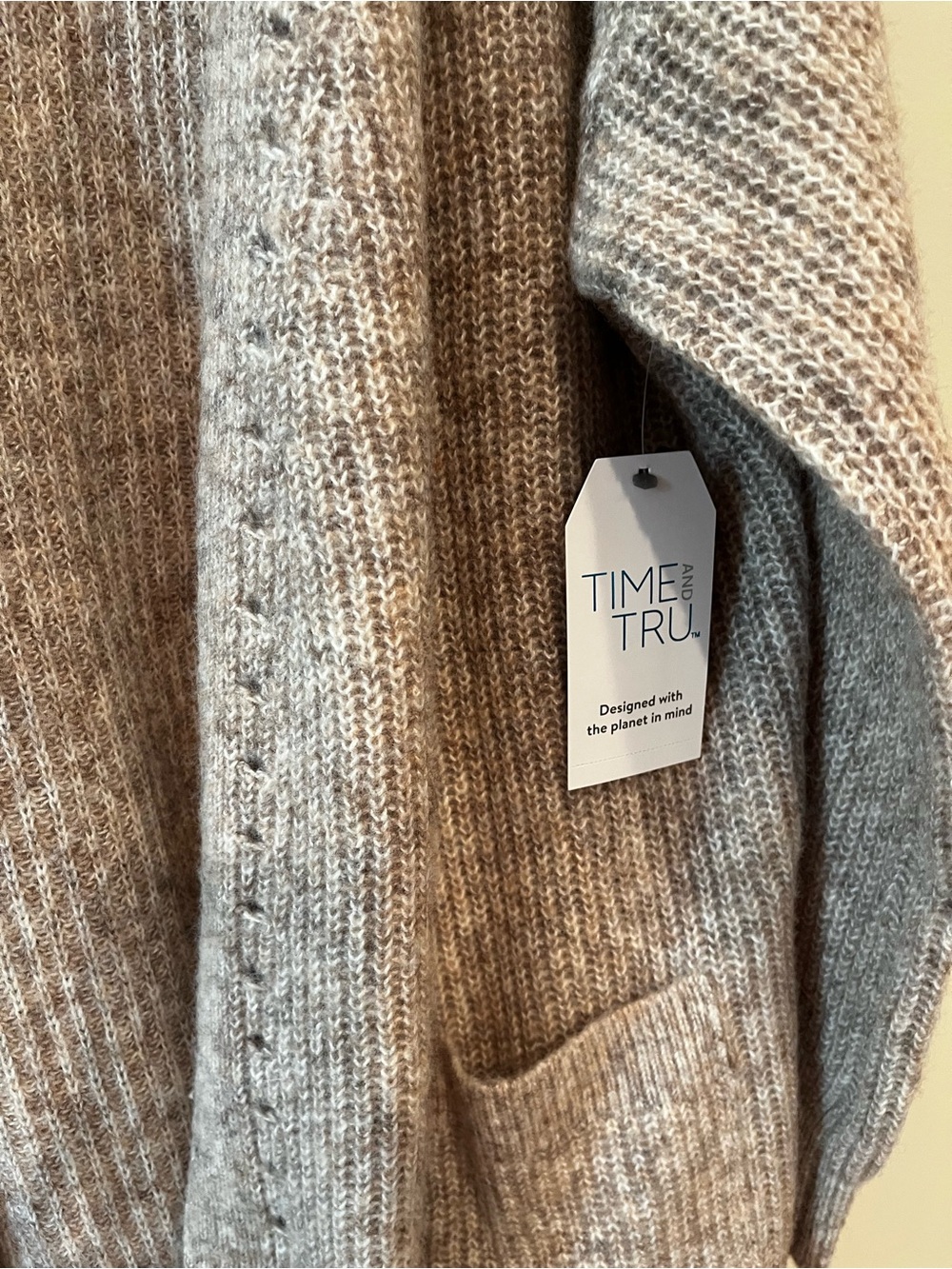 NWT Time and Tru Taupe Open-Front Ribbed Cardigan with Pockets - Picture 2 of 4
